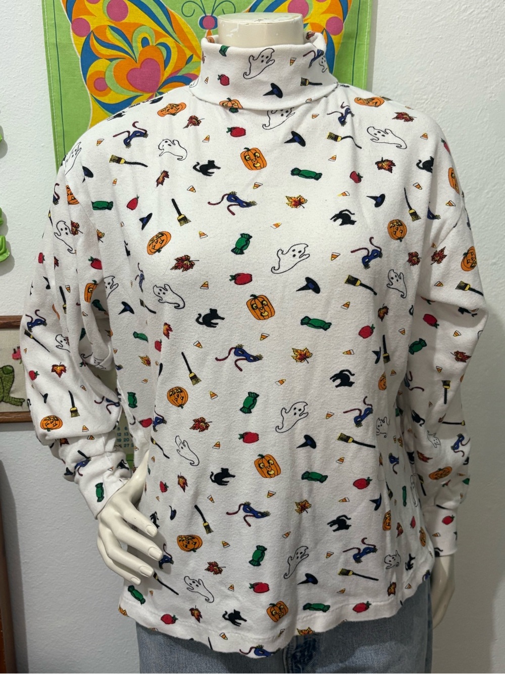 Vintage Halloween motif all over print long sleeve cotton layering turtleneck